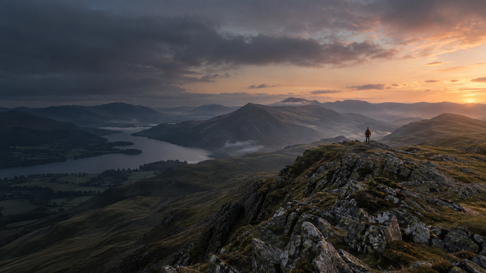 A lone walker looking across mist-filled northern fells
